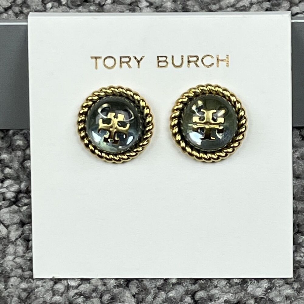 Tory Burch Earrings Gold Rope Round Logo Stud Glass Dome Women Jewelry Signed